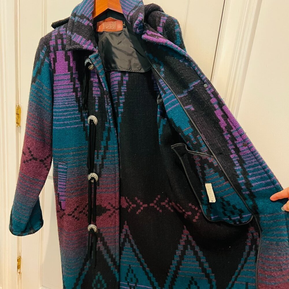 Vintage Woolrich Jacket Women's Southwest Aztec Navajo Wool Blanket Trench Coat - Picture 7 of 16